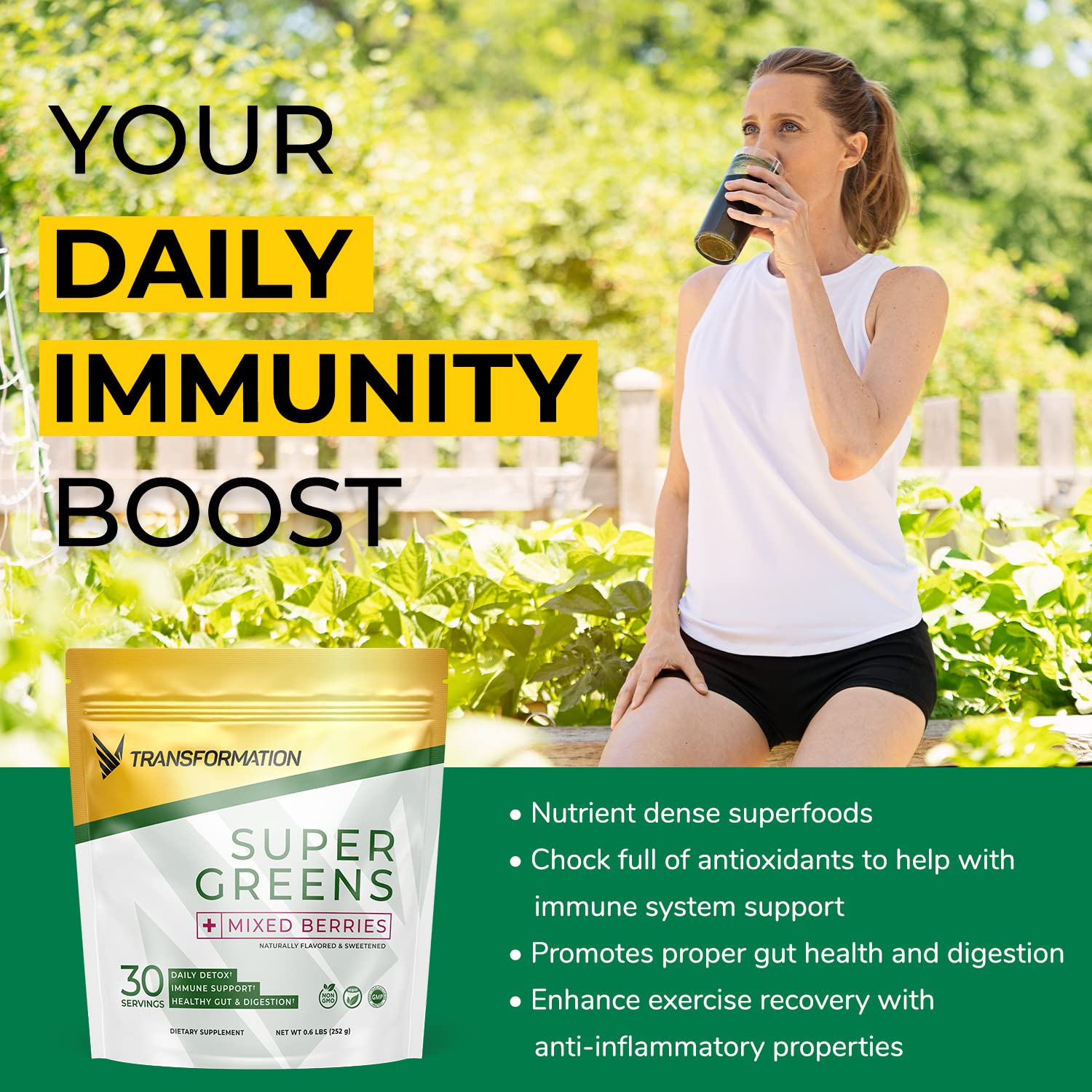 Super Greens Superfood Green Juice Powder - Immune & Energy Support | Made with Natural Ingredients | Detoxifying & Alkalizing Minerals - Spirulina, Chlorella, Wheatgrass, Spinach, Alfalfa & More (1)