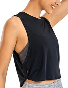 crz yoga pima cotton cropped tank tops for women - sleeveless sports shirts athletic yoga running gym workout crop tops deep armhole-black medium
