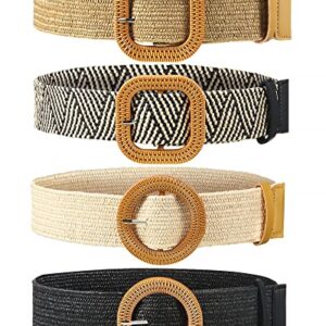 4 Pack Straw Woven Belt Elastic Stretch Rattan Waist Belt Women Skinny Raffia Dress Belt Wooden Buckle Waist Dress Band (Retro Color, Medium)