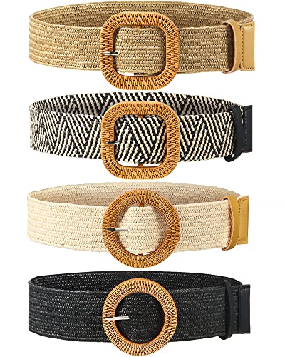 4 Pack Straw Woven Belt Elastic Stretch Rattan Waist Belt Women Skinny Raffia Dress Belt Wooden Buckle Waist Dress Band (Retro Color, Medium)