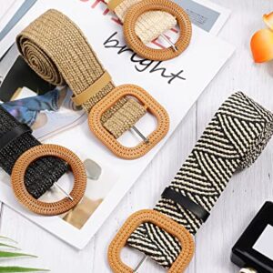 4 Pack Straw Woven Belt Elastic Stretch Rattan Waist Belt Women Skinny Raffia Dress Belt Wooden Buckle Waist Dress Band (Retro Color, Medium)