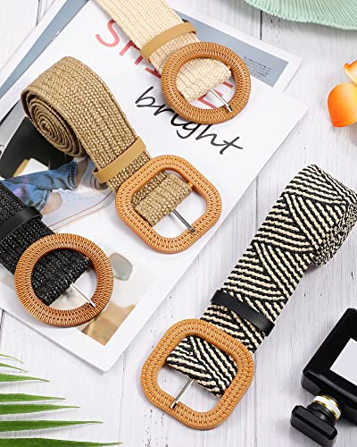 4 Pack Straw Woven Belt Elastic Stretch Rattan Waist Belt Women Skinny Raffia Dress Belt Wooden Buckle Waist Dress Band (Retro Color, Medium)