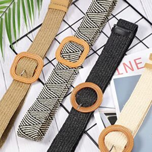 4 Pack Straw Woven Belt Elastic Stretch Rattan Waist Belt Women Skinny Raffia Dress Belt Wooden Buckle Waist Dress Band (Retro Color, Medium)