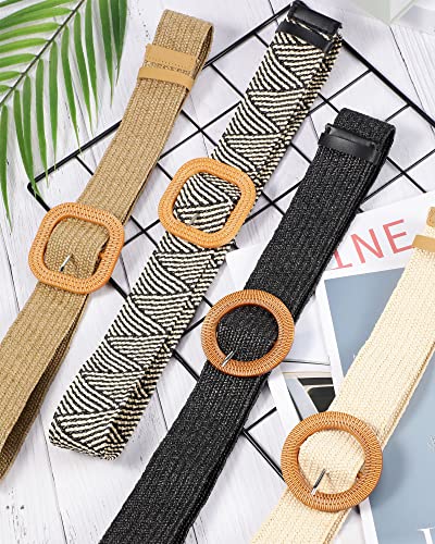 4 Pack Straw Woven Belt Elastic Stretch Rattan Waist Belt Women Skinny Raffia Dress Belt Wooden Buckle Waist Dress Band (Retro Color, Medium)