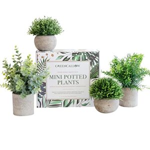 greencallow artificial plants for home decor indoor. 4 mini plants, rosemary faux plant decor, eucalyptus plant, grass faux plants. small fake plants for shelf or desk plant artificial greenery décor