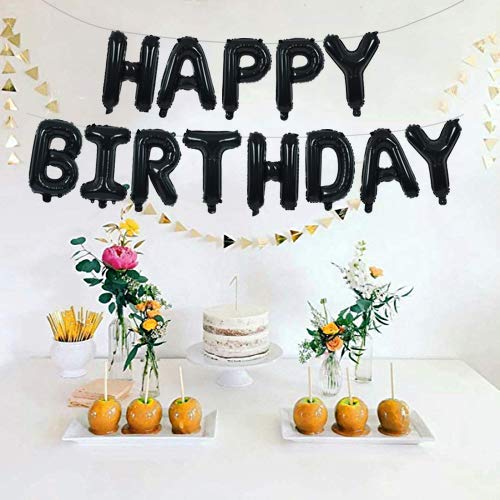 TONIFUL Black Happy Birthday Balloons Banner 16 Inch Mylar Foil Letters Birthday Sign Banner Bunting Reusable for Girls Boys Kids & Adults Birthday Decorations and Halloween Party Supplies