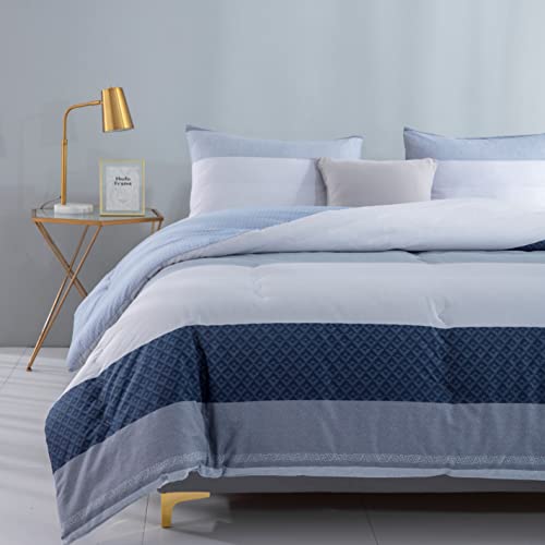 SLEEPBELLA Comforter Queen Size, 600 Thread Count Cotton Baby Blue and Navy Striped Patchwork Reversible Pattern Reversible Blue Comforter Set,Down Alternative Bedding Set 3Pcs (Queen, Blue Patchwork)