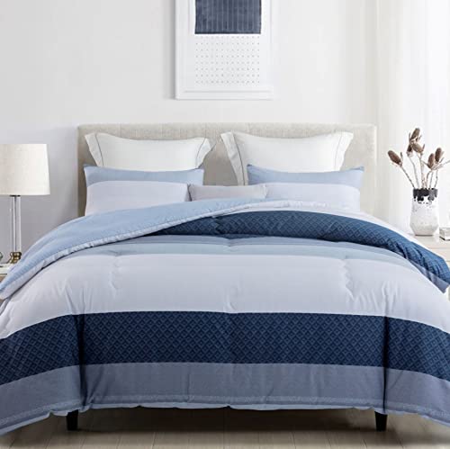 SLEEPBELLA Comforter Queen Size, 600 Thread Count Cotton Baby Blue and Navy Striped Patchwork Reversible Pattern Reversible Blue Comforter Set,Down Alternative Bedding Set 3Pcs (Queen, Blue Patchwork)