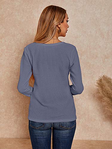 Womens V Neck Shirts Long Sleeve Waffle Knit Loose Fitting Warm Tee Tops Pullover Sweaters (Medium, Dark Blue)