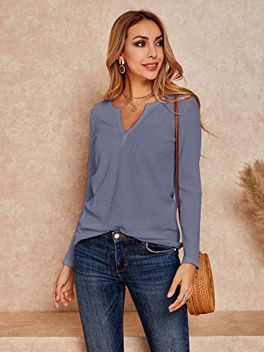 Womens V Neck Shirts Long Sleeve Waffle Knit Loose Fitting Warm Tee Tops Pullover Sweaters (Medium, Dark Blue)