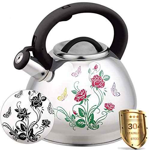 Tea Kettle for Stovetop Whistling Teakettle Tea Pot - 3L Food Grade 304 Stainless Steel Color Changing Stove Top Teapot with Cool Handle,Loud Whistle And Anti-Rust,Suitable for All Heat Sources (Rose)