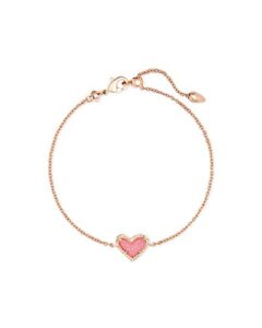 kendra scott ari heart link chain bracelet for women, fashion jewelry, 14k rose gold-plated, pink drusy