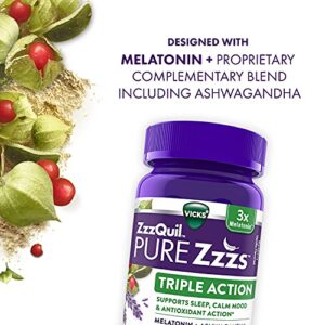 ZzzQuil PURE Zzzs Triple Action, 6mg Melatonin Gummies, 3X Sleep Aid with Ashwagandha, Calm Mood & Antioxidant for Adults, 6 mg per serving, 60 Count