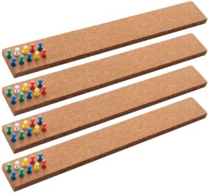 hblife cork board bulletin board bar strip 15x2 inch - 1/2 inch thick, 100% natural frameless cork board strips with 50 multi-color push pins, strong self adhesive backing - 4 pack
