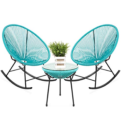 Best Choice Products 3-Piece Outdoor Acapulco All-Weather Woven Rope Patio Conversation Bistro Set w/Glass Top Table and 2 Rocking Chairs - Blue