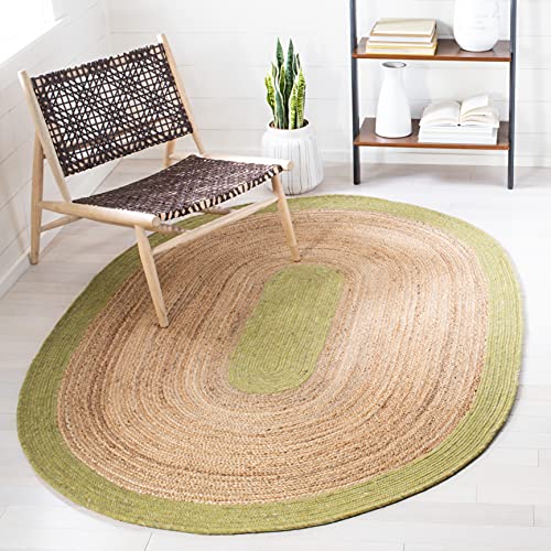 SAFAVIEH Braided Collection 4' x 6' Oval Green / Natural BRD910Y Handmade Country Cottage Reversible Jute Area Rug