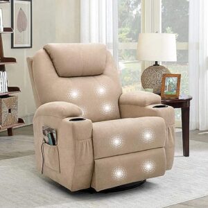flamaker rocking chair recliner chair with massage and heating swivel ergonomic lounge chair classic single sofa with 2 cup holders side pockets living room chair home theater seat (beige)