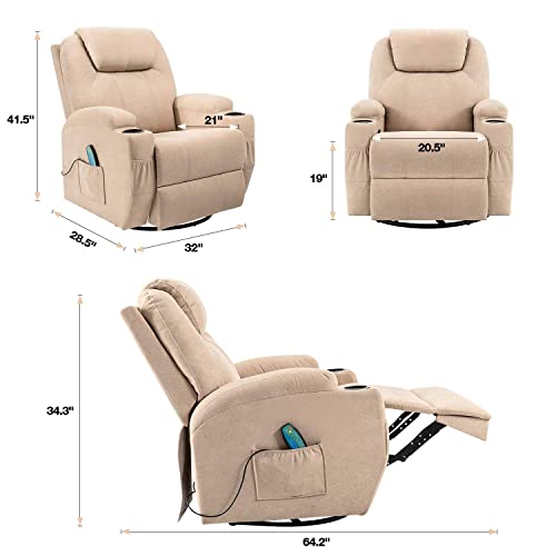 Flamaker Rocking Chair Recliner Chair with Massage and Heating Swivel Ergonomic Lounge Chair Classic Single Sofa with 2 Cup Holders Side Pockets Living Room Chair Home Theater Seat (Beige)