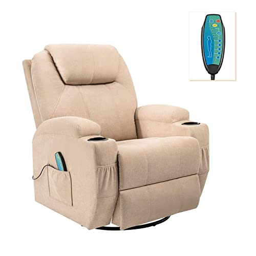 Flamaker Rocking Chair Recliner Chair with Massage and Heating Swivel Ergonomic Lounge Chair Classic Single Sofa with 2 Cup Holders Side Pockets Living Room Chair Home Theater Seat (Beige)