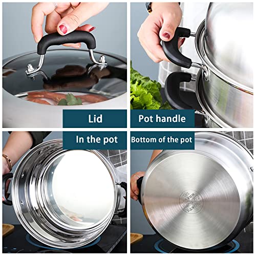 MANO Steamer Pot for Cooking 11 inch Steam Pots with Lid 2-tier Multipurpose Stainless Steel Steaming Pot Cookware with Handle for Vegetable, Dumpling, Stock, Sauce, Food