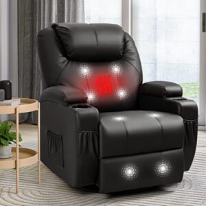 furniwell massage rocker recliner chair with heated ergonomic lounge chair 360° swivel rocking single sofa for living room adjustable home theater seating with 2 cup holders (black)