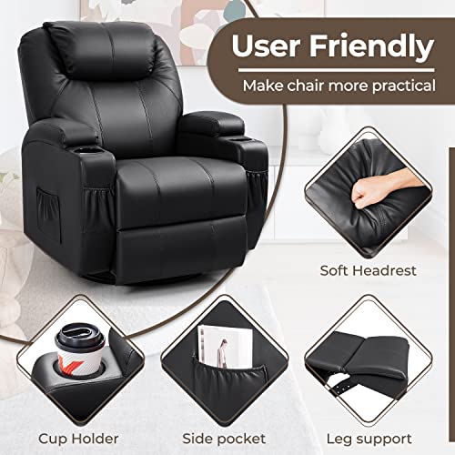 Furniwell Massage Rocker Recliner Chair with Heated Ergonomic Lounge Chair 360° Swivel Rocking Single Sofa for Living Room Adjustable Home Theater Seating with 2 Cup Holders (Black)