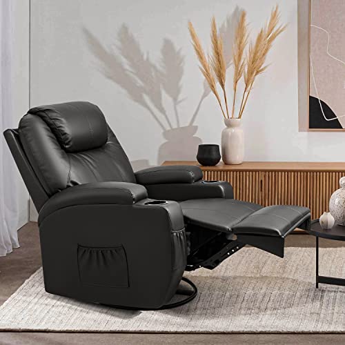 Furniwell Massage Rocker Recliner Chair with Heated Ergonomic Lounge Chair 360° Swivel Rocking Single Sofa for Living Room Adjustable Home Theater Seating with 2 Cup Holders (Black)
