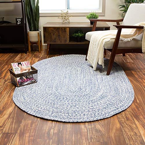 Super Area Rugs Farmhouse Braided Rug Cotton Kitchen Reversible Carpet, Blue & White, 4' X 6' Oval