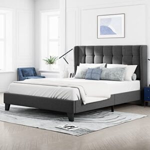 Allewie Full Size Platform Bed Frame with Wingback, Fabric Upholstered Square Stitched Headboard and Wooden Slats, Mattress Foundation, Box Spring Optional, Easy Assembly, Dark Grey