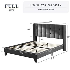 Allewie Full Size Platform Bed Frame with Wingback, Fabric Upholstered Square Stitched Headboard and Wooden Slats, Mattress Foundation, Box Spring Optional, Easy Assembly, Dark Grey