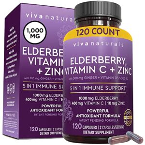 Viva Naturals Sambucus Elderberry with Zinc and Vitamin C for Adults, Vitamin D3 5000 IU and Ginger - Immune Support Supplement, 2 Months’ Supply - Black Dried Elderberry Capsules for Adults