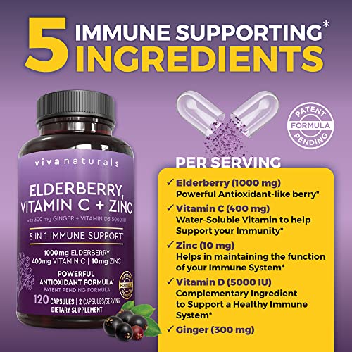 Viva Naturals Sambucus Elderberry with Zinc and Vitamin C for Adults, Vitamin D3 5000 IU and Ginger - Immune Support Supplement, 2 Months’ Supply - Black Dried Elderberry Capsules for Adults