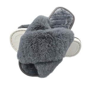 humiwa grey women's cross band slippers soft open toe furry cozy fur house slippers memory foam sandals slides soft anti-slip on home slippers for girls men indoor outdoor