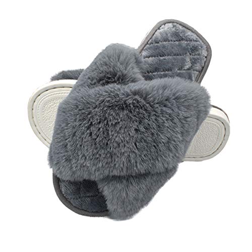 HUMIWA Grey Women's Cross Band Slippers Soft Open Toe Furry Cozy Fur House Slippers Memory Foam Sandals Slides Soft Anti-Slip on Home Slippers for Girls Men Indoor Outdoor