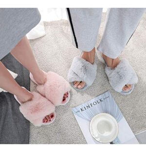 HUMIWA Grey Women's Cross Band Slippers Soft Open Toe Furry Cozy Fur House Slippers Memory Foam Sandals Slides Soft Anti-Slip on Home Slippers for Girls Men Indoor Outdoor