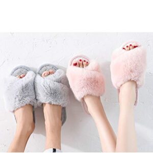 HUMIWA Grey Women's Cross Band Slippers Soft Open Toe Furry Cozy Fur House Slippers Memory Foam Sandals Slides Soft Anti-Slip on Home Slippers for Girls Men Indoor Outdoor