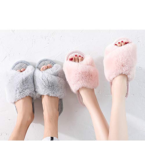 HUMIWA Grey Women's Cross Band Slippers Soft Open Toe Furry Cozy Fur House Slippers Memory Foam Sandals Slides Soft Anti-Slip on Home Slippers for Girls Men Indoor Outdoor