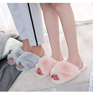 HUMIWA Grey Women's Cross Band Slippers Soft Open Toe Furry Cozy Fur House Slippers Memory Foam Sandals Slides Soft Anti-Slip on Home Slippers for Girls Men Indoor Outdoor