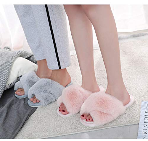 HUMIWA Grey Women's Cross Band Slippers Soft Open Toe Furry Cozy Fur House Slippers Memory Foam Sandals Slides Soft Anti-Slip on Home Slippers for Girls Men Indoor Outdoor