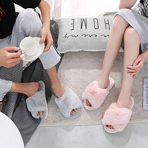 HUMIWA Grey Women's Cross Band Slippers Soft Open Toe Furry Cozy Fur House Slippers Memory Foam Sandals Slides Soft Anti-Slip on Home Slippers for Girls Men Indoor Outdoor