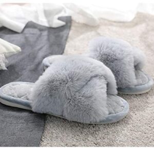 HUMIWA Grey Women's Cross Band Slippers Soft Open Toe Furry Cozy Fur House Slippers Memory Foam Sandals Slides Soft Anti-Slip on Home Slippers for Girls Men Indoor Outdoor