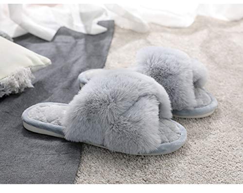 HUMIWA Grey Women's Cross Band Slippers Soft Open Toe Furry Cozy Fur House Slippers Memory Foam Sandals Slides Soft Anti-Slip on Home Slippers for Girls Men Indoor Outdoor