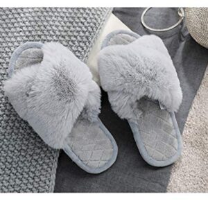 HUMIWA Grey Women's Cross Band Slippers Soft Open Toe Furry Cozy Fur House Slippers Memory Foam Sandals Slides Soft Anti-Slip on Home Slippers for Girls Men Indoor Outdoor