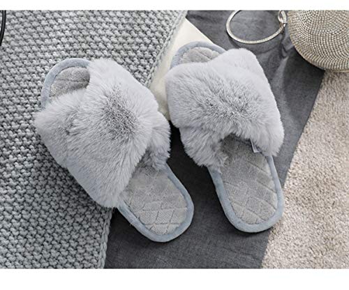 HUMIWA Grey Women's Cross Band Slippers Soft Open Toe Furry Cozy Fur House Slippers Memory Foam Sandals Slides Soft Anti-Slip on Home Slippers for Girls Men Indoor Outdoor