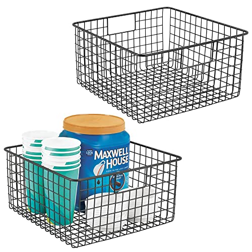 mDesign Metal Wire Food Storage Basket Organizer with Handles for Organizing Kitchen Cabinets, Pantry Shelf, Bathroom, Laundry Room, Closets, Garage - Concerto Collection - 2 Pack - Black