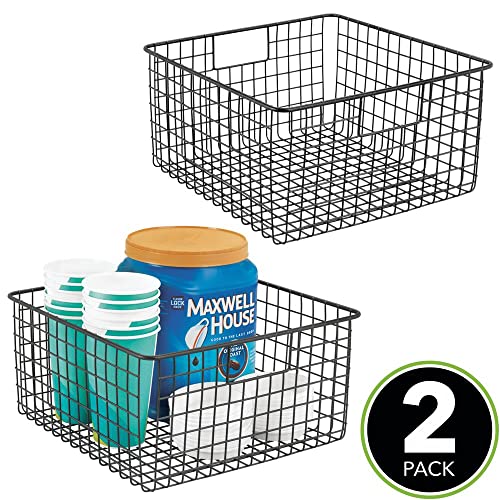 mDesign Metal Wire Food Storage Basket Organizer with Handles for Organizing Kitchen Cabinets, Pantry Shelf, Bathroom, Laundry Room, Closets, Garage - Concerto Collection - 2 Pack - Black