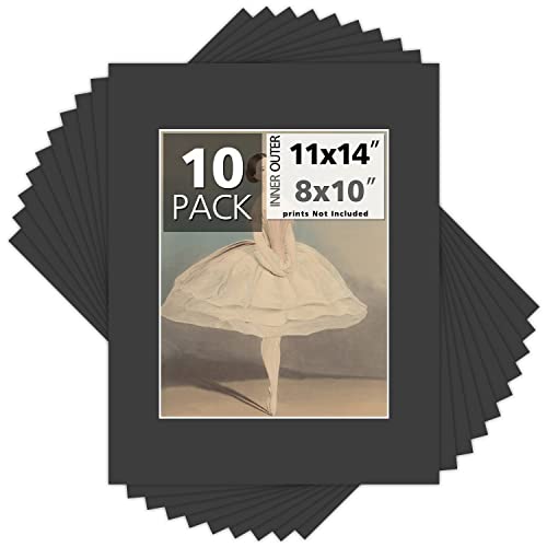 Mat Board Center, Pack of 10, 11x14 Black Color White Core Picture Mats for 8x10 Photos