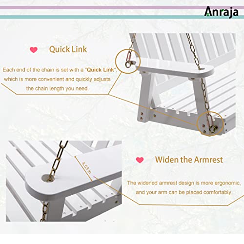 Anraja Wooden Porch Swing 2-Seater, Bench Swing with Hanging Chains, Heavy Duty 800 LBS, for Outdoor Patio Garden Yard,4 Ft,White
