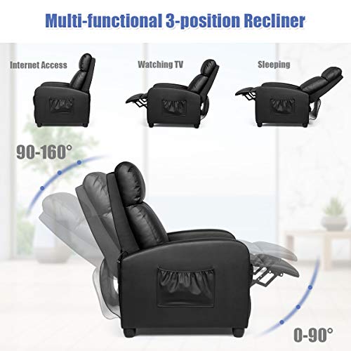 Giantex Recliner Chair, Massage Winback Single Sofa w/Side Pocket, PU Leather Recliner Sofa for Living Room, Modern Padded Seat Reclining Chair, Home Theater Seating Office for Adults (Black)