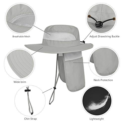 LCZTN Mens UPF 50+ Sun Protection Safari Cap Wide Brim Fishing Hiking Hat with Neck Flap for Garden Work (Light Grey)